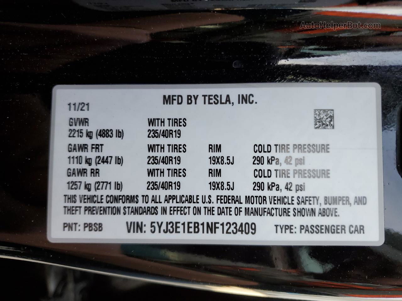 2022 Tesla Model 3  Черный vin: 5YJ3E1EB1NF123409