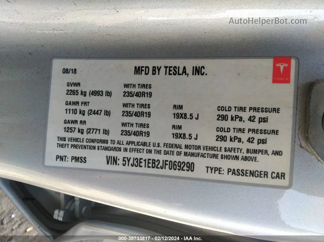 2018 Tesla Model 3 Long Range/performance Серебряный vin: 5YJ3E1EB2JF069290