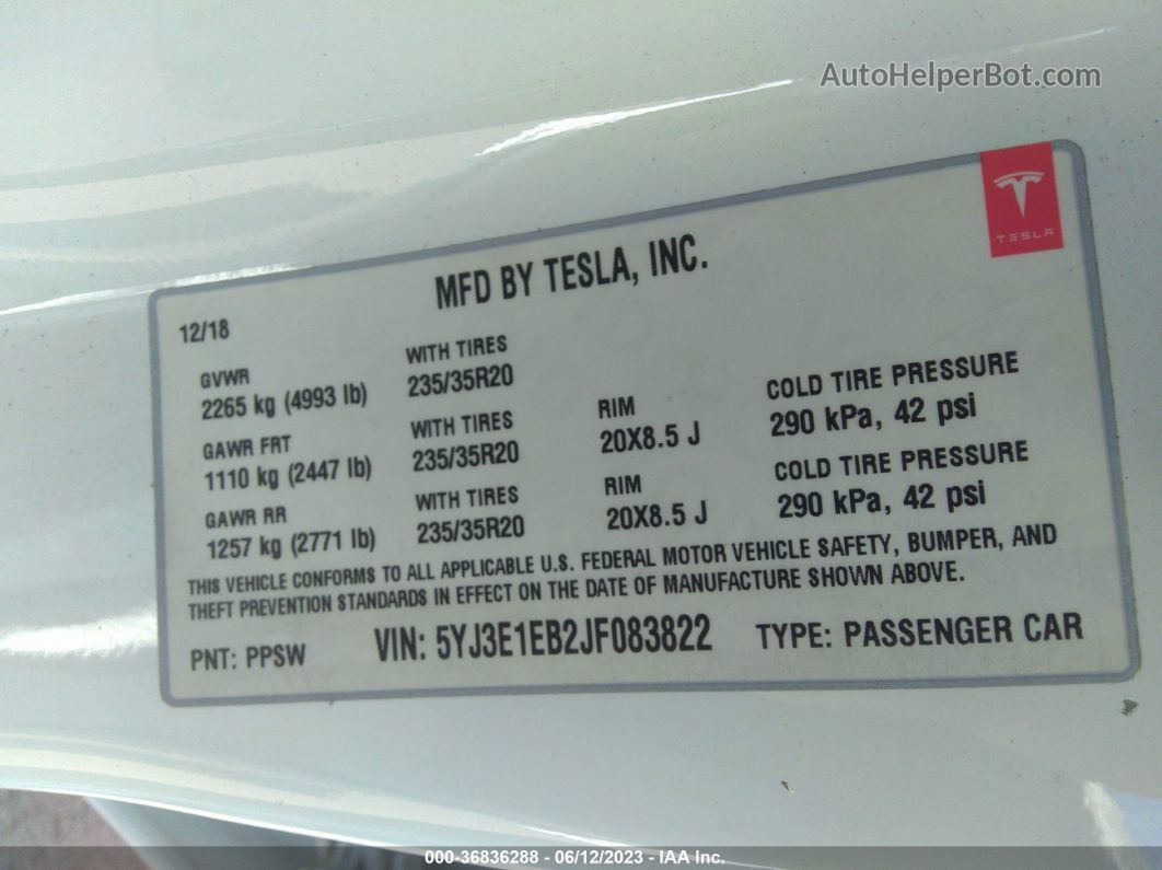 2018 Tesla Model 3 Long Range Белый vin: 5YJ3E1EB2JF083822