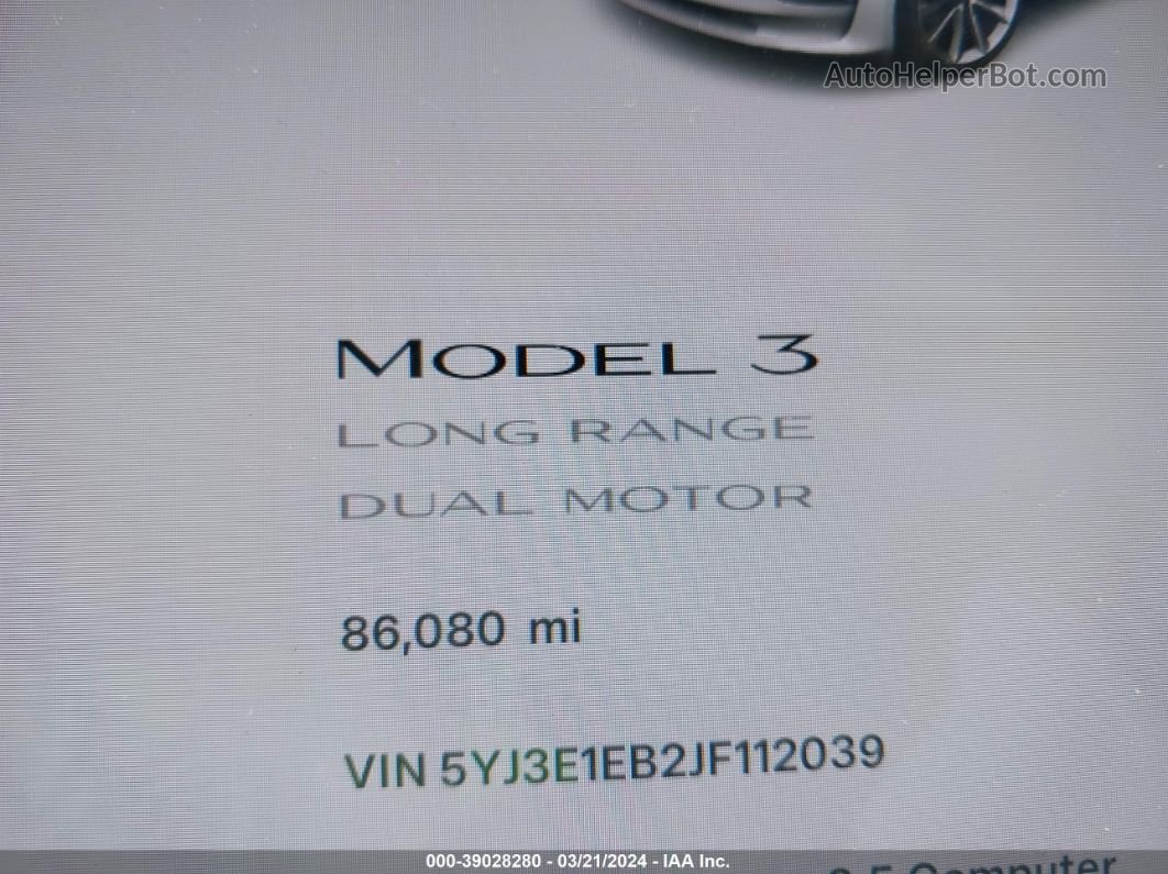 2018 Tesla Model 3 Long Range/performance White vin: 5YJ3E1EB2JF112039