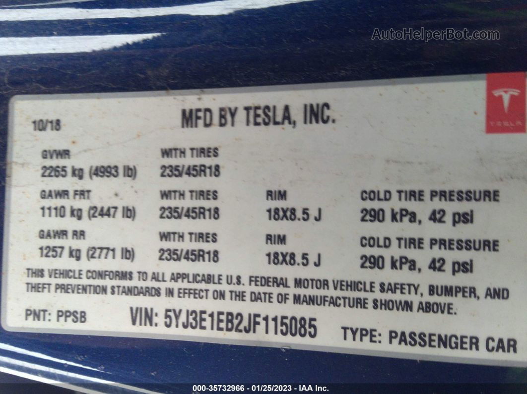 2018 Tesla Model 3 Long Range Blue vin: 5YJ3E1EB2JF115085