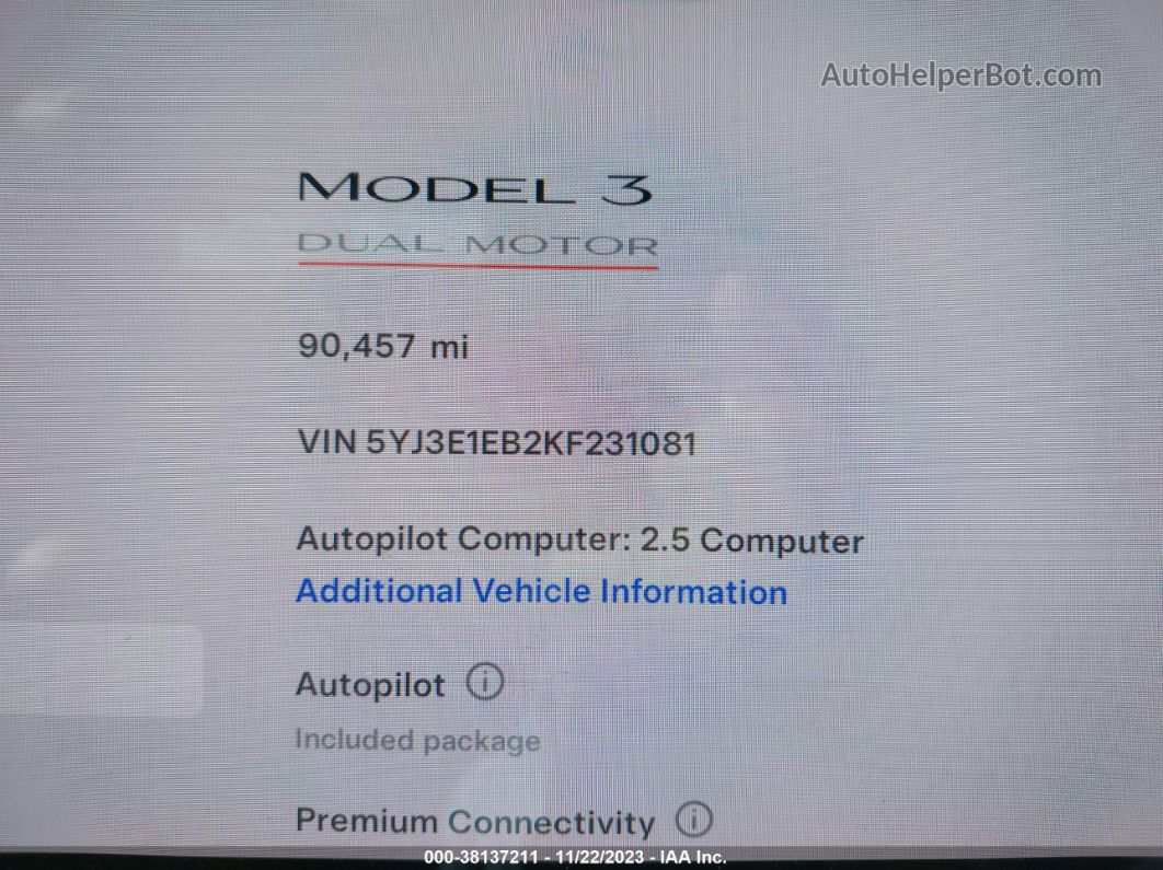 2019 Tesla Model 3 Performance/long Range Blue vin: 5YJ3E1EB2KF231081