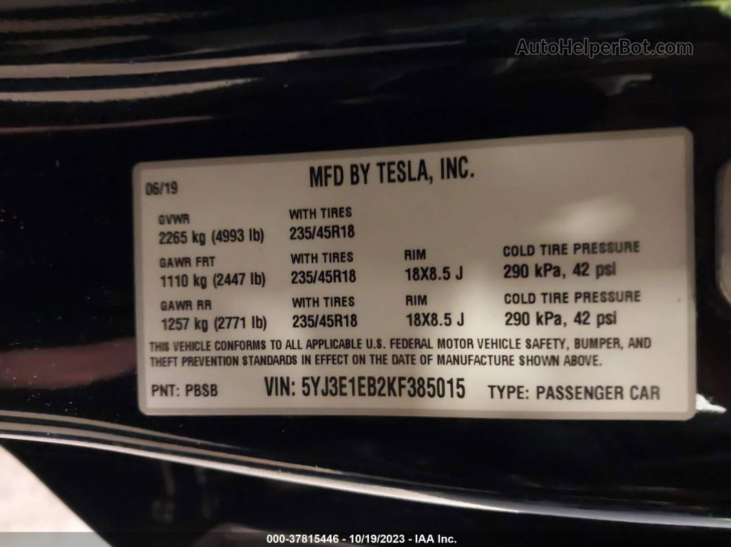 2019 Tesla Model 3 Performance/long Range Black vin: 5YJ3E1EB2KF385015