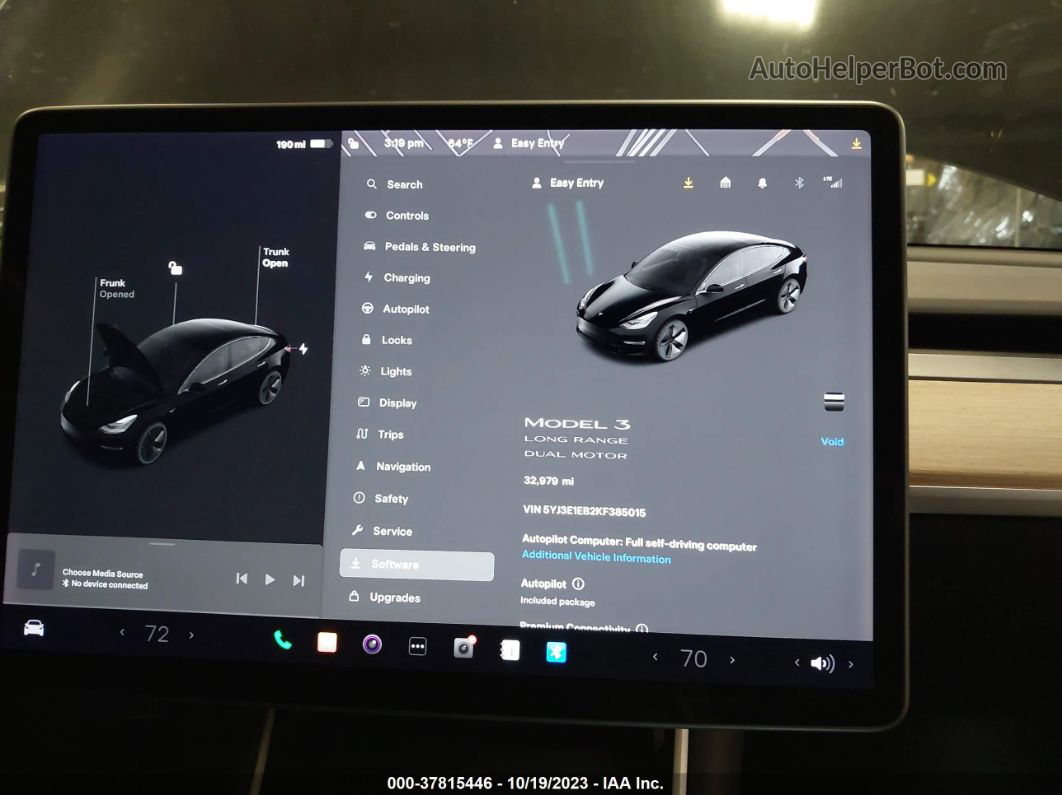 2019 Tesla Model 3 Performance/long Range Black vin: 5YJ3E1EB2KF385015