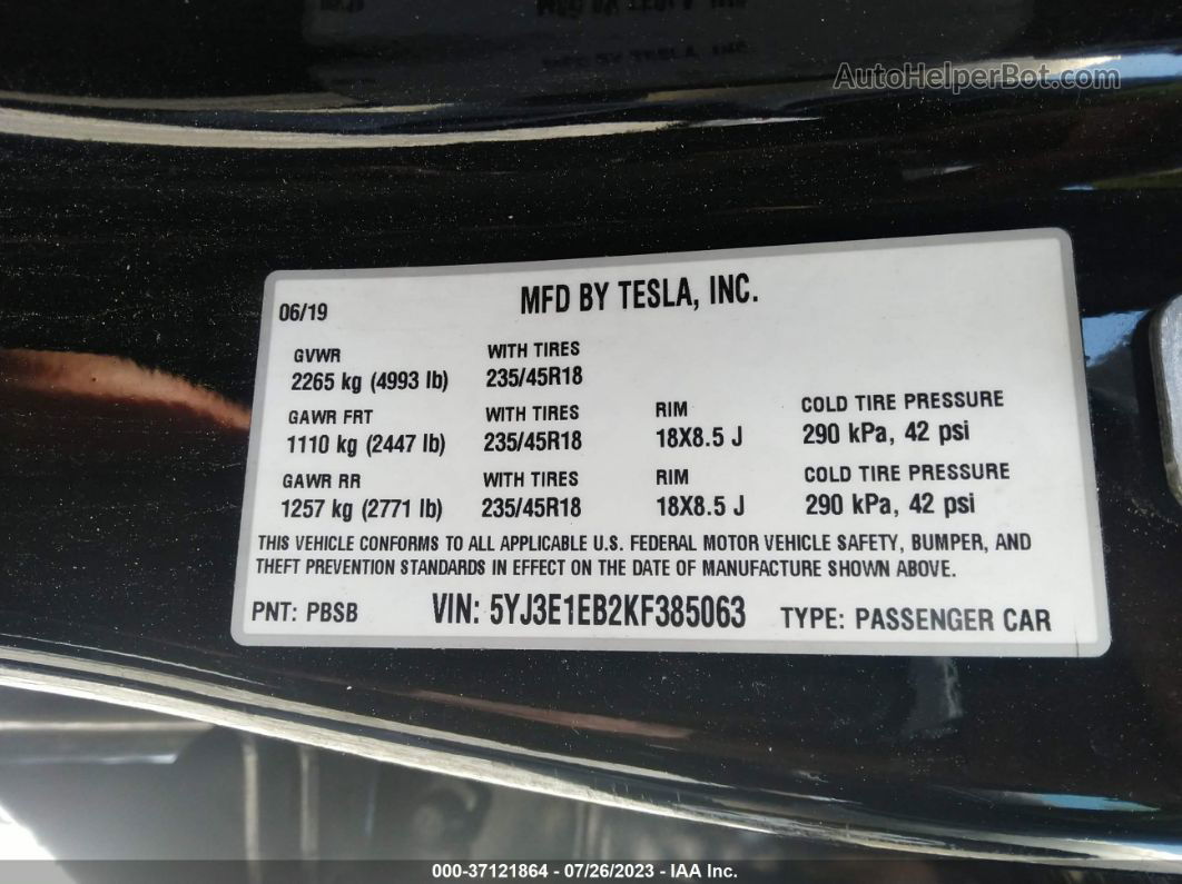 2019 Tesla Model 3 Long Range/performance Black vin: 5YJ3E1EB2KF385063