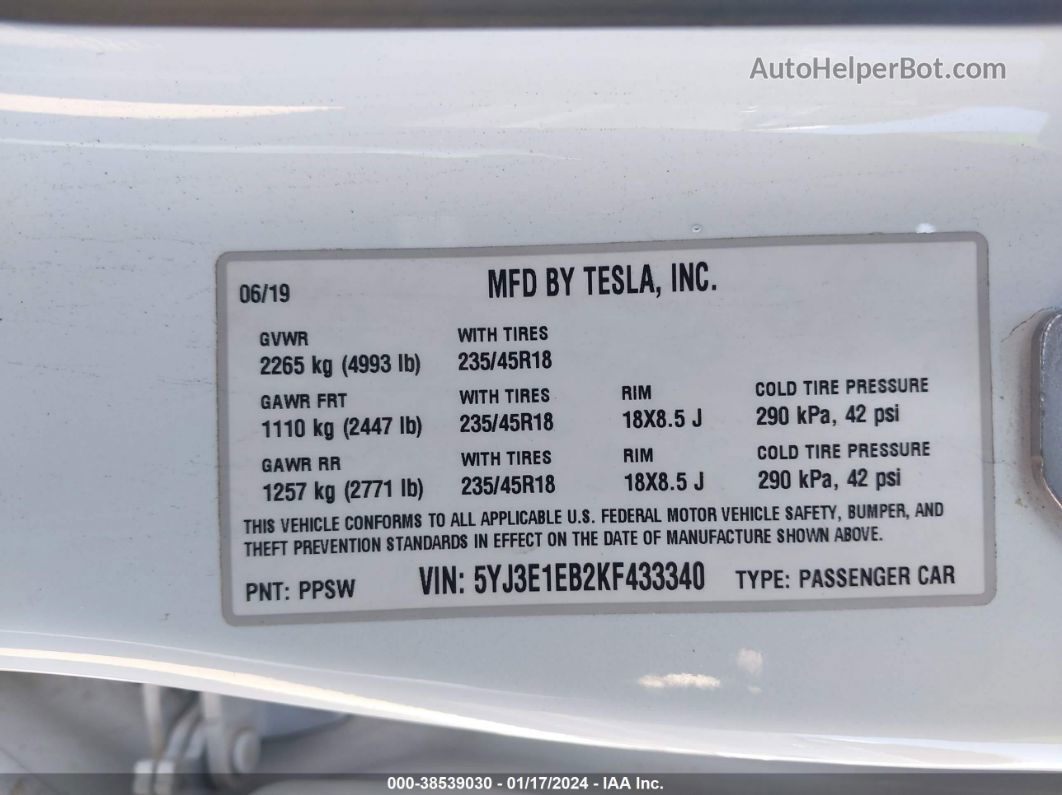 2019 Tesla Model 3 Long Range/performance White vin: 5YJ3E1EB2KF433340