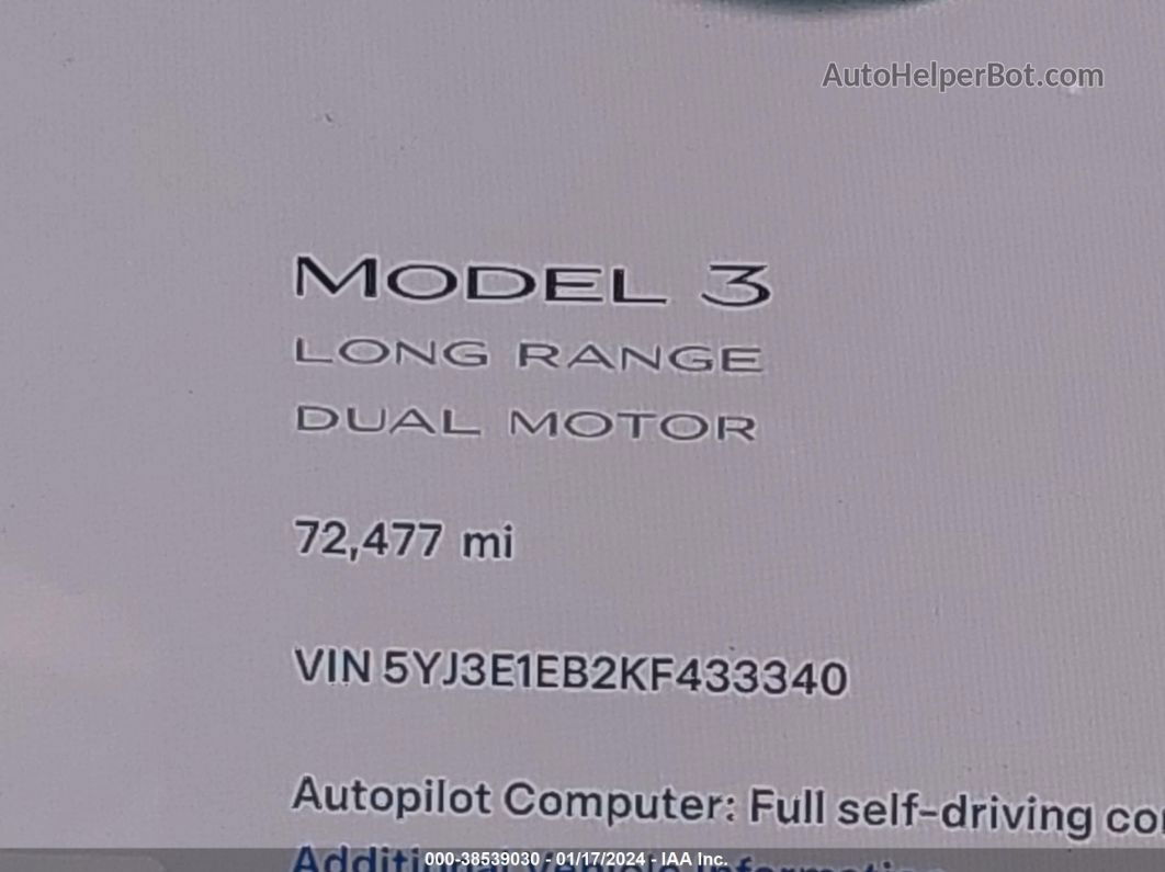 2019 Tesla Model 3 Long Range/performance White vin: 5YJ3E1EB2KF433340