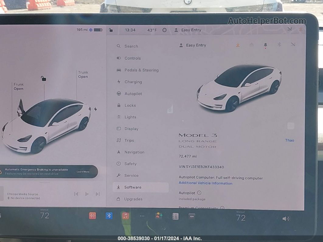 2019 Tesla Model 3 Long Range/performance White vin: 5YJ3E1EB2KF433340