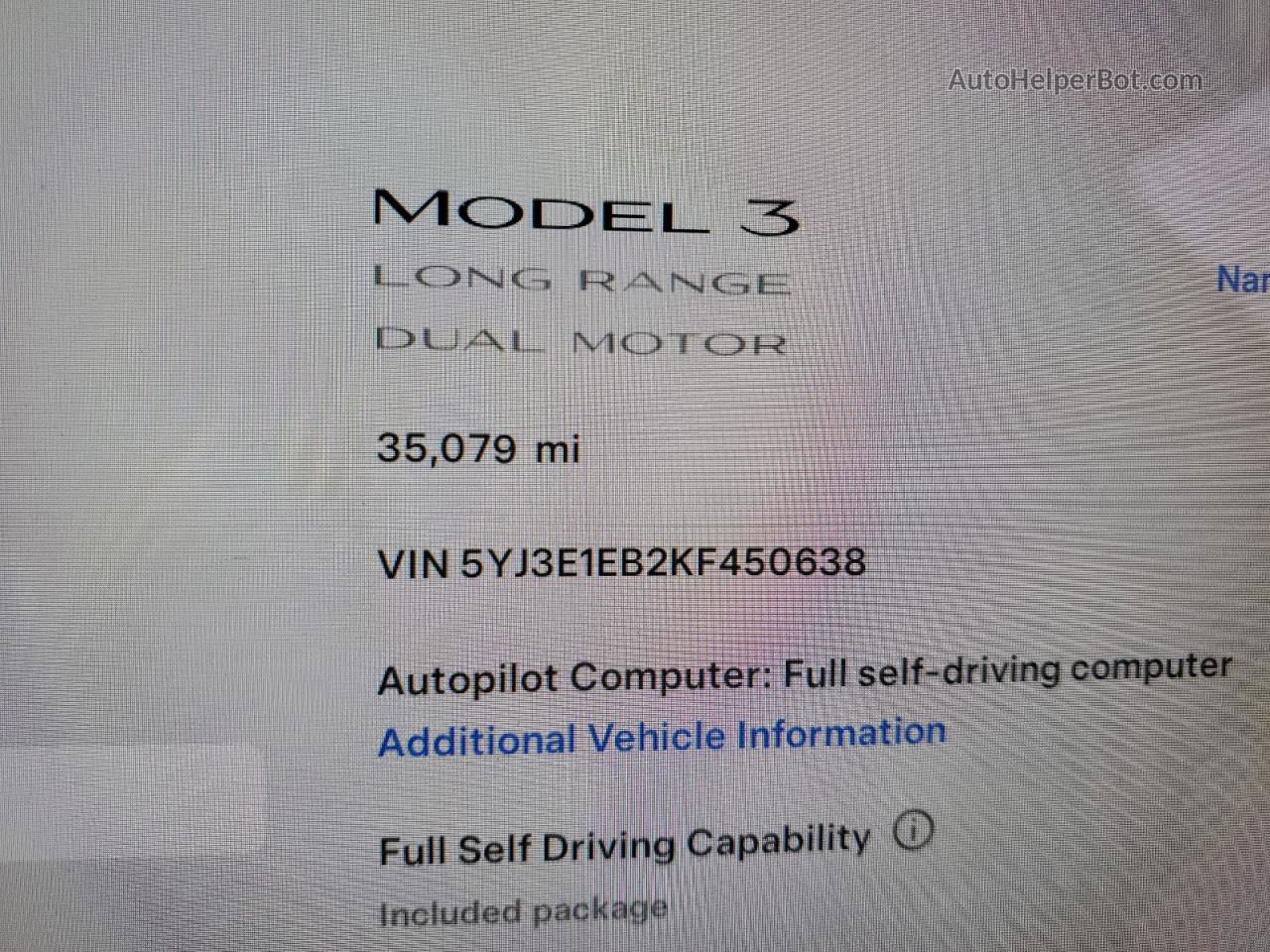 2019 Tesla Model 3  Unknown - Not Ok For Inv. vin: 5YJ3E1EB2KF450638