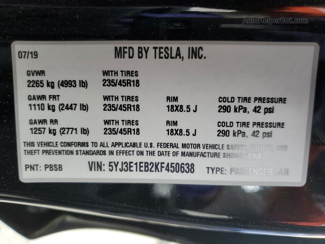 2019 Tesla Model 3  Unknown - Not Ok For Inv. vin: 5YJ3E1EB2KF450638