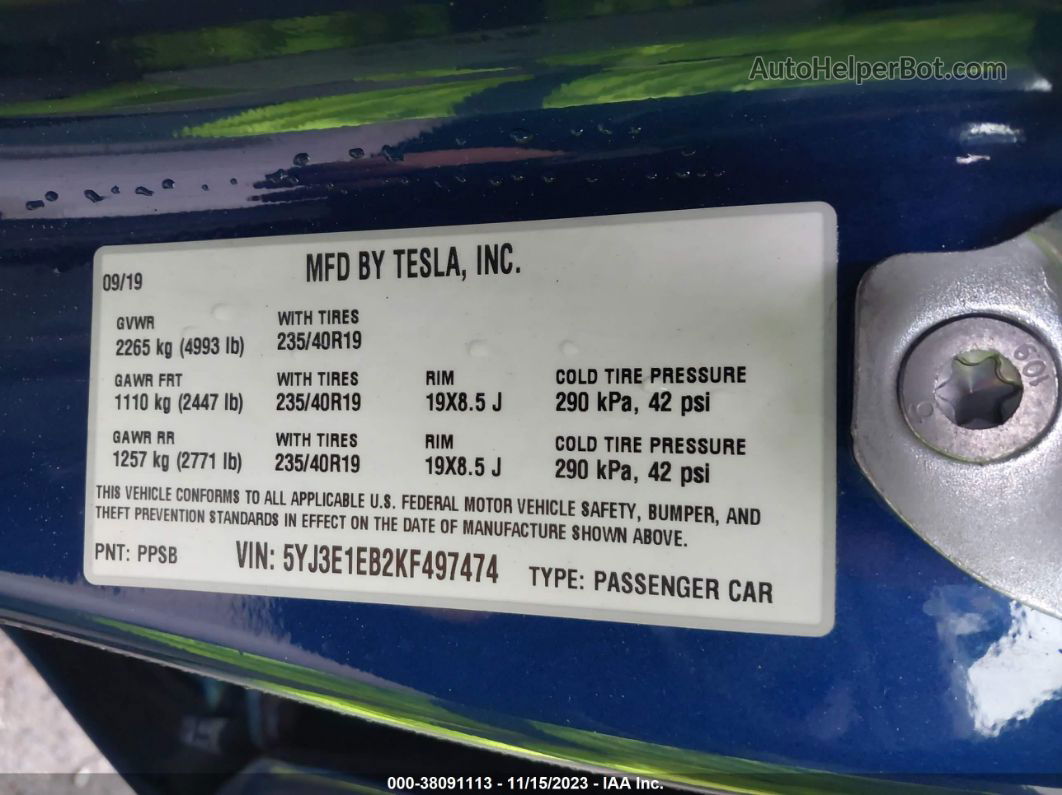 2019 Tesla Model 3 Performance/long Range Blue vin: 5YJ3E1EB2KF497474