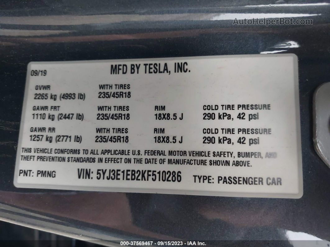 2019 Tesla Model 3 Long Range/performance Серый vin: 5YJ3E1EB2KF510286