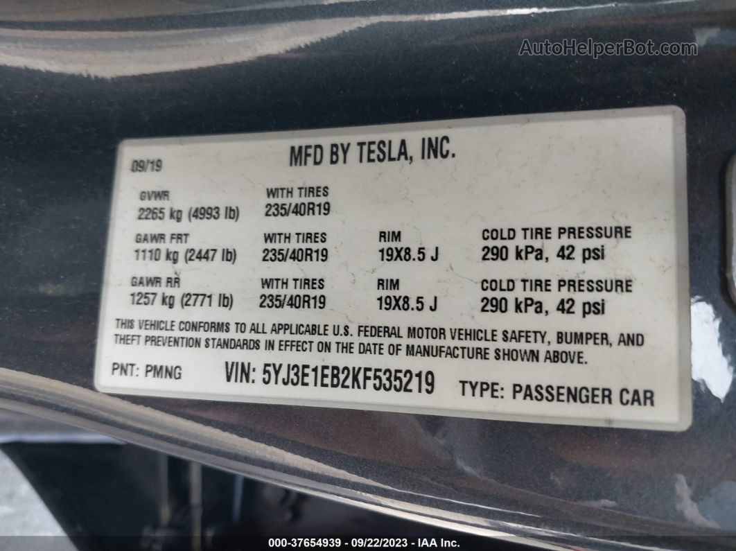 2019 Tesla Model 3 Long Range/performance Gray vin: 5YJ3E1EB2KF535219