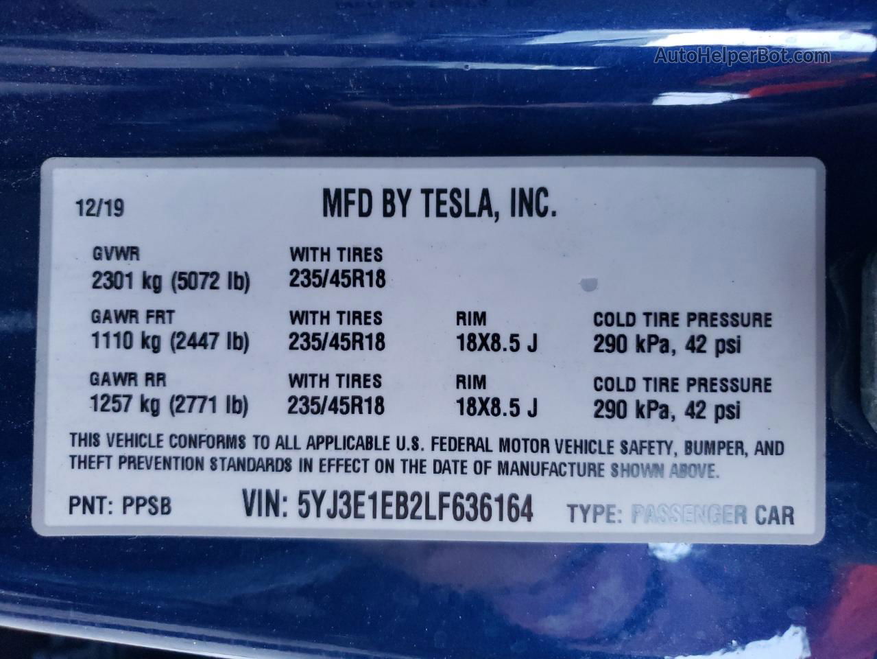 2020 Tesla Model 3  Blue vin: 5YJ3E1EB2LF636164