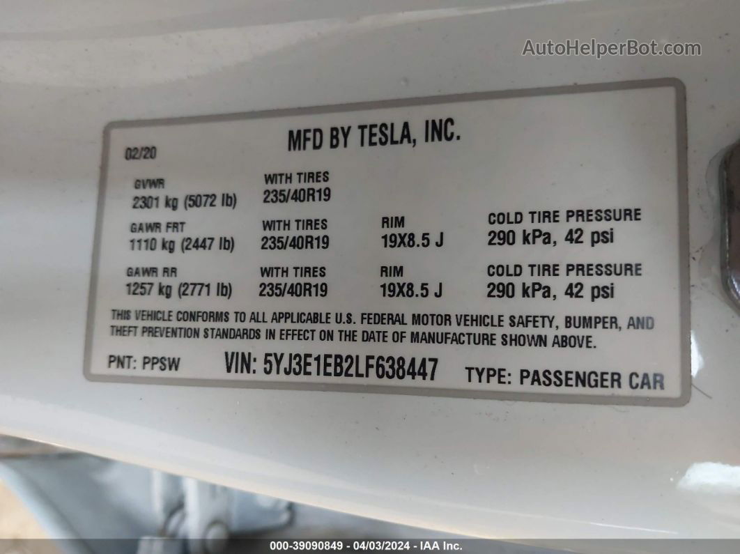 2020 Tesla Model 3 Long Range Dual Motor All-wheel Drive White vin: 5YJ3E1EB2LF638447