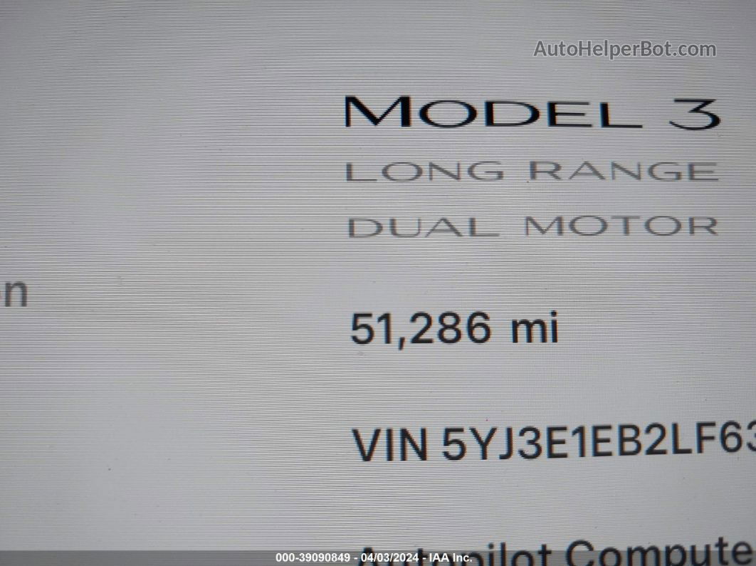2020 Tesla Model 3 Long Range Dual Motor All-wheel Drive White vin: 5YJ3E1EB2LF638447