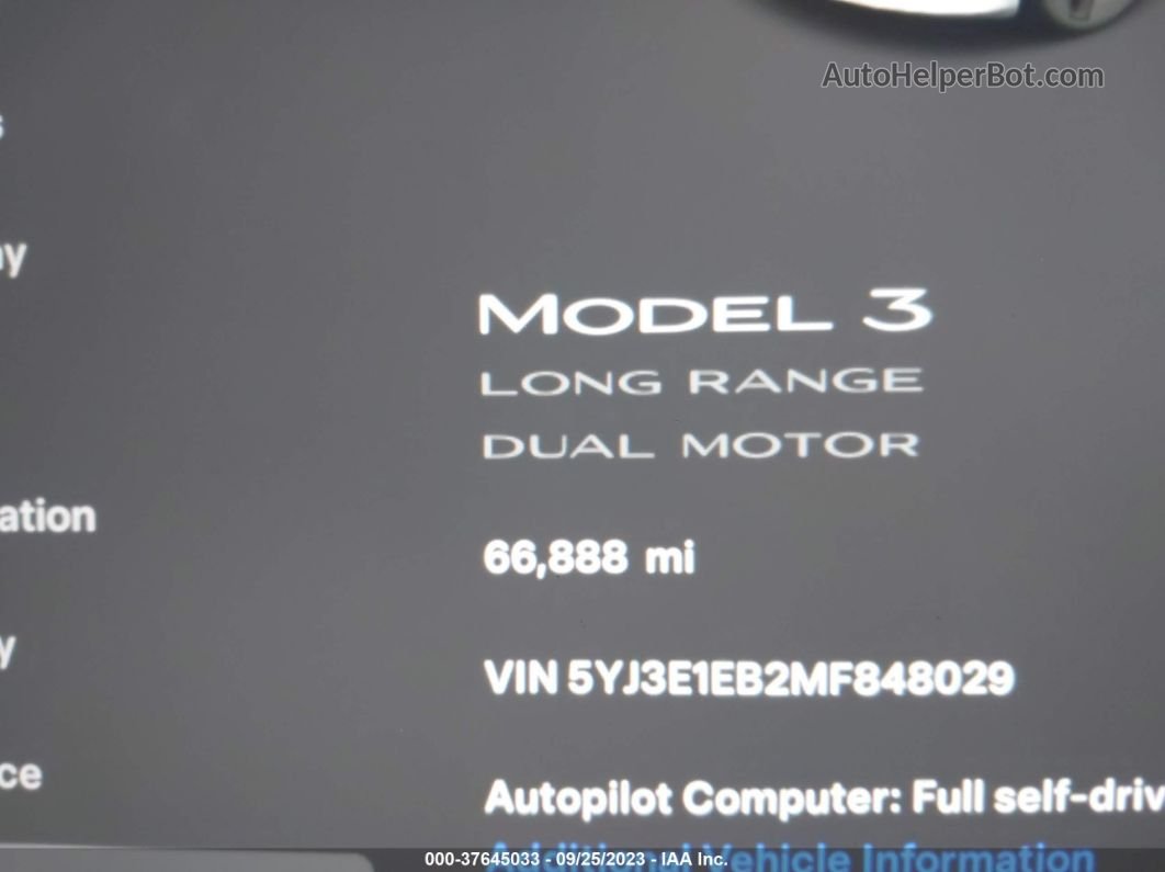 2021 Tesla Model 3 Long Range White vin: 5YJ3E1EB2MF848029