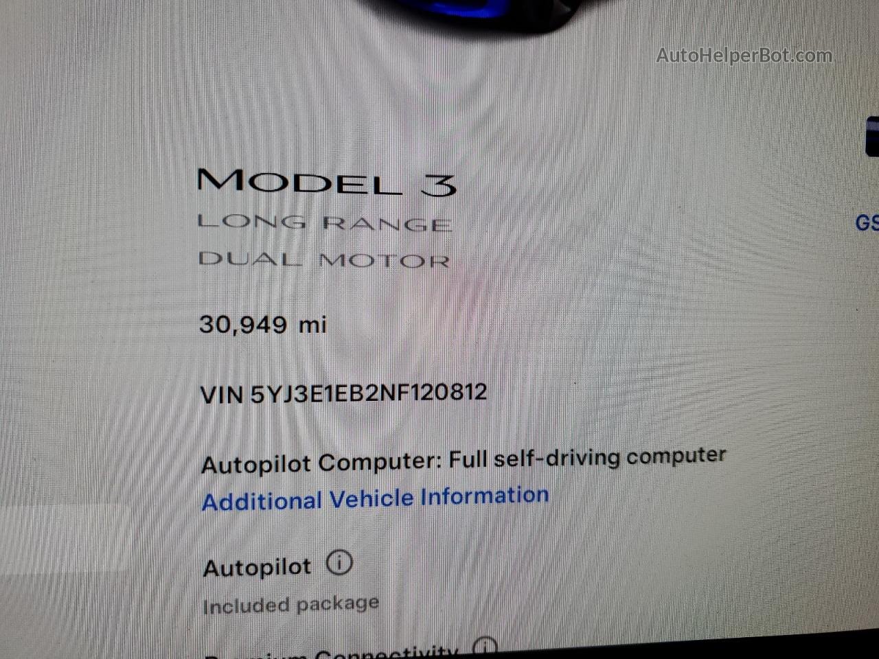 2022 Tesla Model 3  White vin: 5YJ3E1EB2NF120812