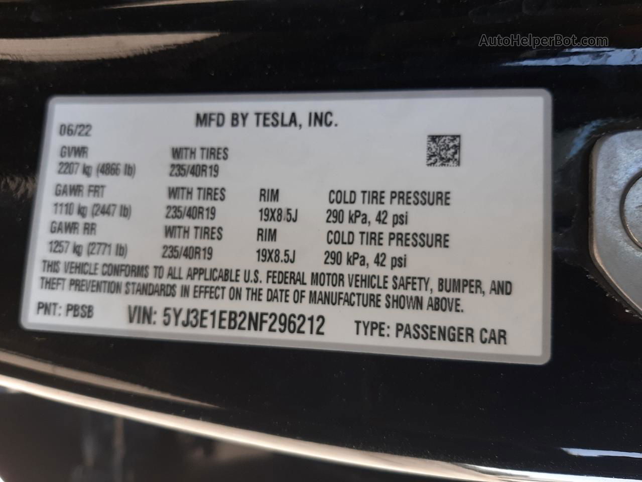 2022 Tesla Model 3  Black vin: 5YJ3E1EB2NF296212