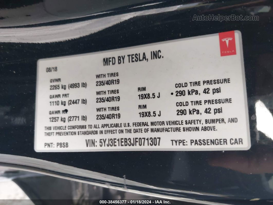 2018 Tesla Model 3 Long Range/performance Black vin: 5YJ3E1EB3JF071307