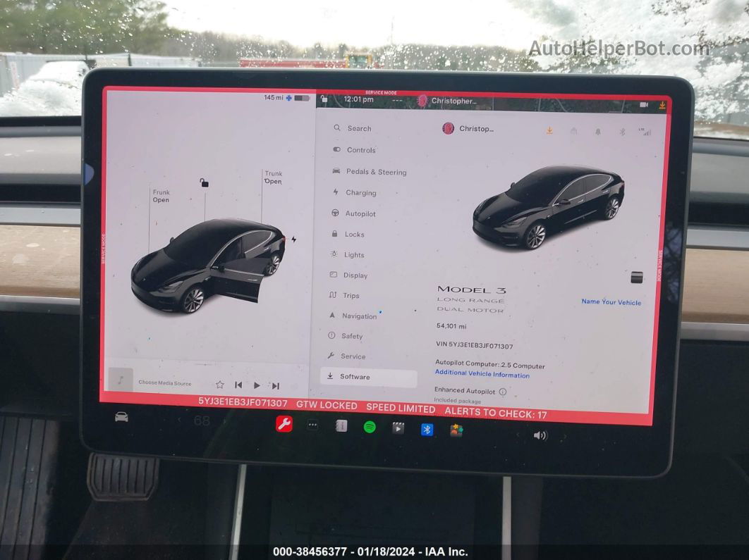 2018 Tesla Model 3 Long Range/performance Black vin: 5YJ3E1EB3JF071307