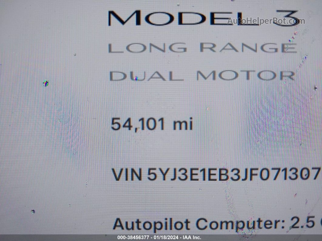 2018 Tesla Model 3 Long Range/performance Black vin: 5YJ3E1EB3JF071307