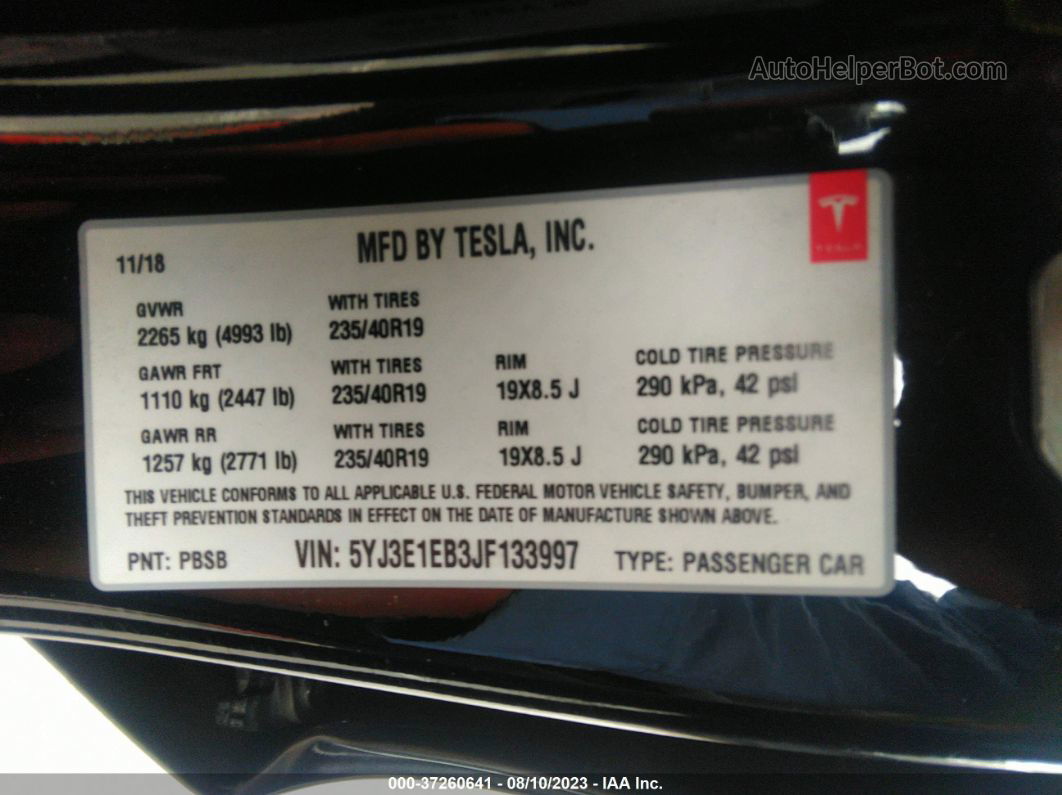 2018 Tesla Model 3 Long Range Black vin: 5YJ3E1EB3JF133997