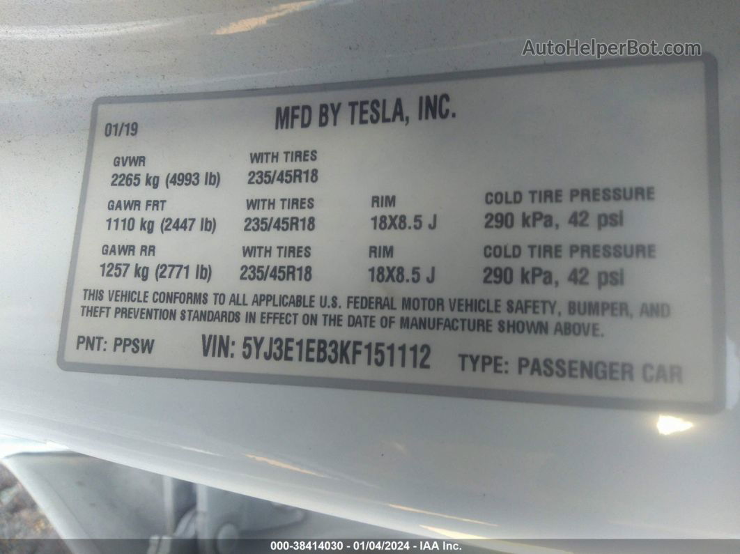 2019 Tesla Model 3 Long Range/performance Белый vin: 5YJ3E1EB3KF151112