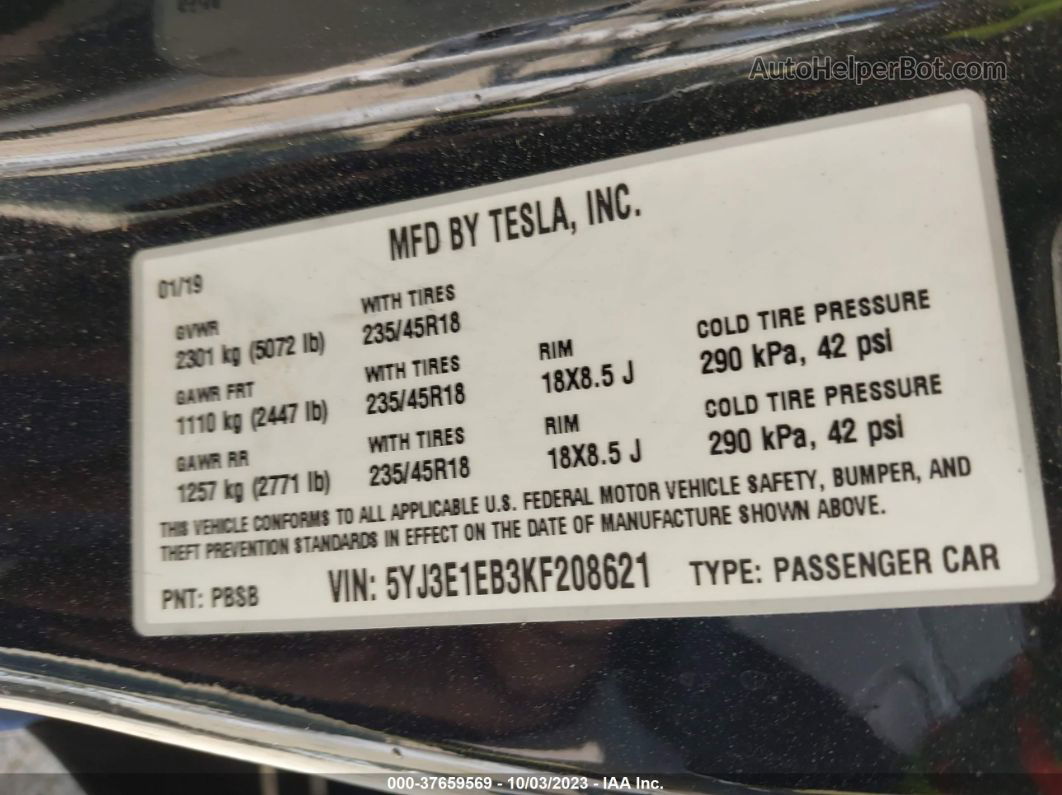 2019 Tesla Model 3 Long Range/performance Black vin: 5YJ3E1EB3KF208621