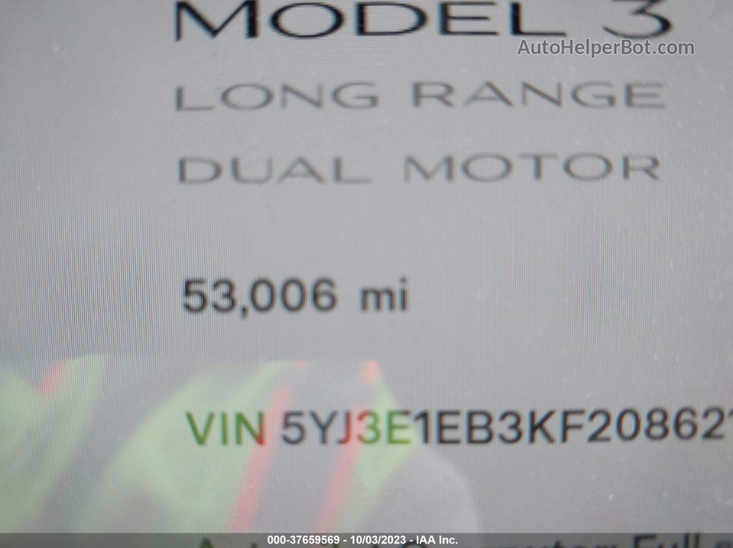 2019 Tesla Model 3 Long Range/performance Black vin: 5YJ3E1EB3KF208621