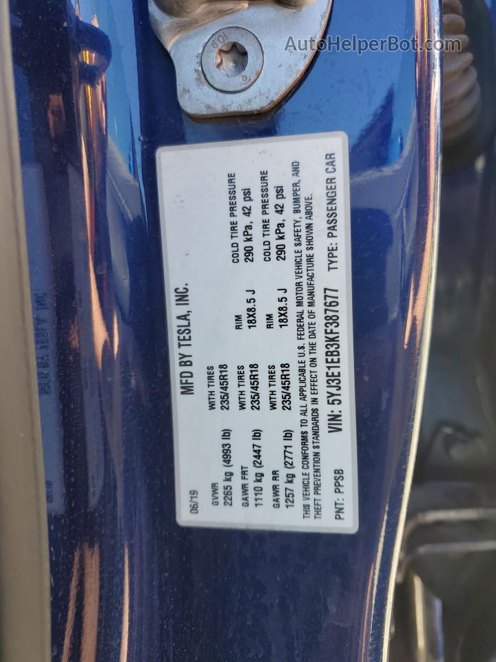 2019 Tesla Model 3  Blue vin: 5YJ3E1EB3KF387677