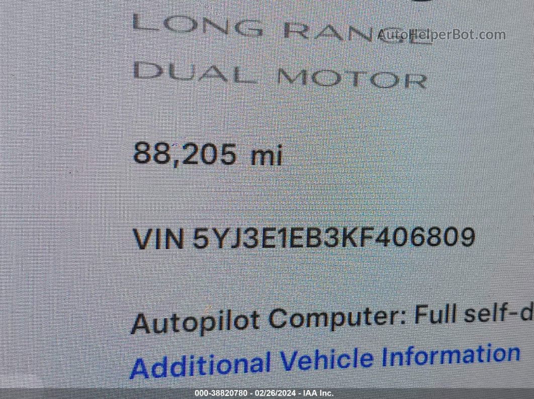 2019 Tesla Model 3 Long Range/performance White vin: 5YJ3E1EB3KF406809