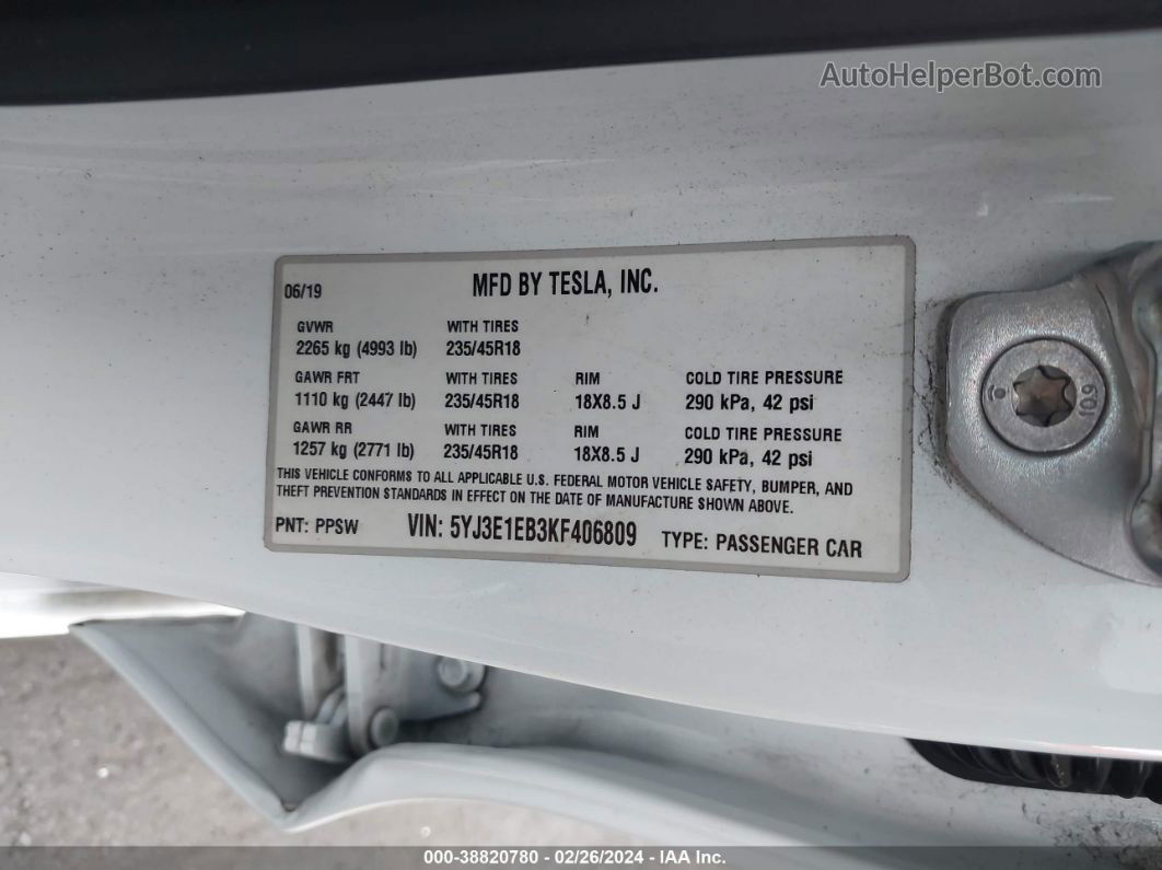 2019 Tesla Model 3 Long Range/performance White vin: 5YJ3E1EB3KF406809