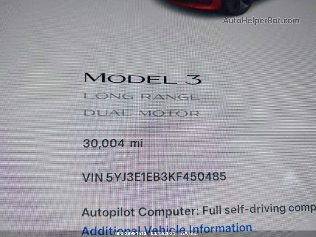 2019 Tesla Model 3 Long Range/performance Red vin: 5YJ3E1EB3KF450485