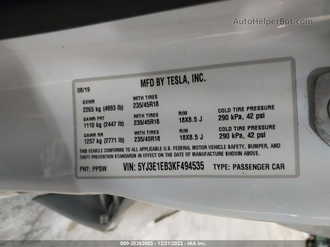 2019 Tesla Model 3 Long Range/performance Белый vin: 5YJ3E1EB3KF494535