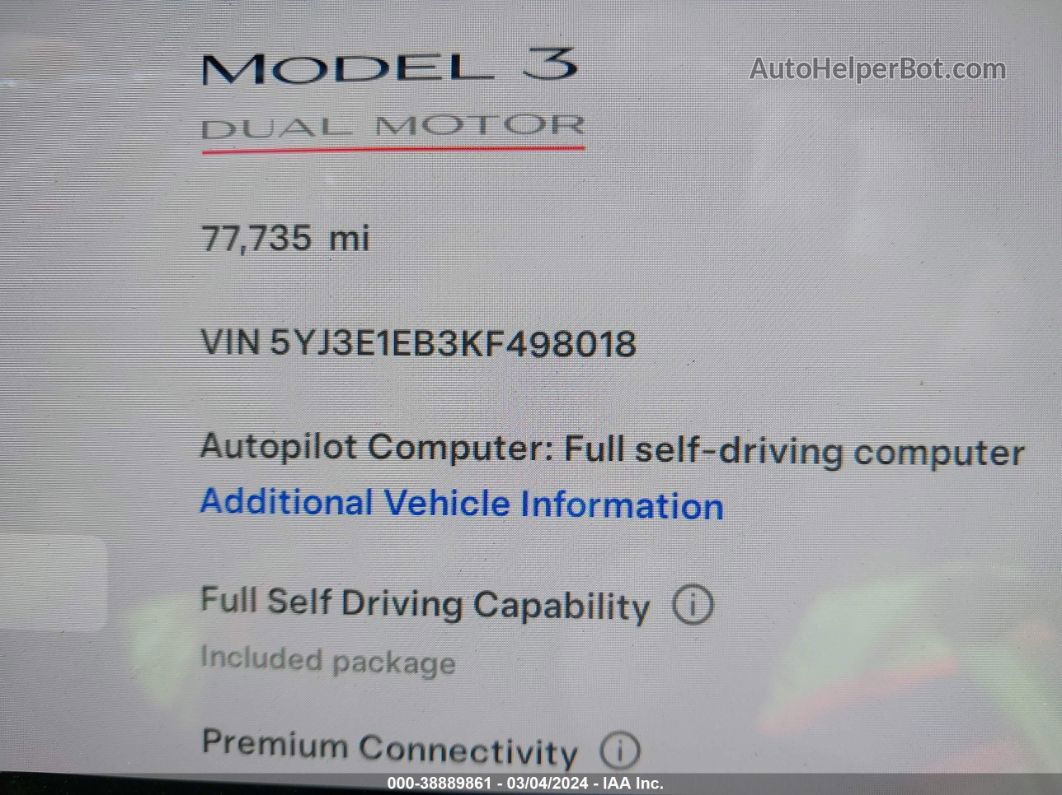 2019 Tesla Model 3 Long Range/performance Black vin: 5YJ3E1EB3KF498018