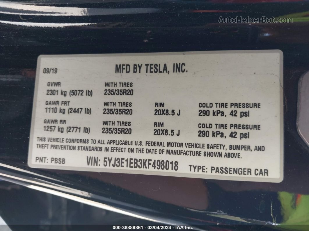 2019 Tesla Model 3 Long Range/performance Черный vin: 5YJ3E1EB3KF498018