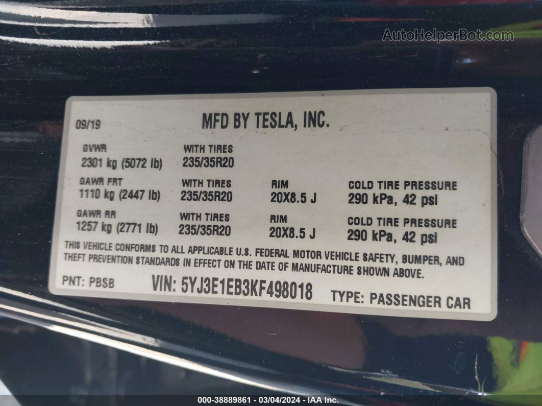 2019 Tesla Model 3 Long Range/performance Black vin: 5YJ3E1EB3KF498018