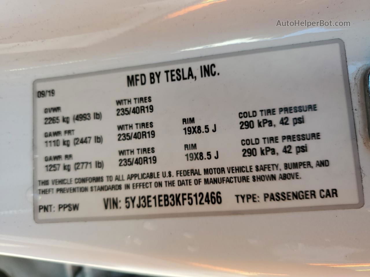 2019 Tesla Model 3  Gray vin: 5YJ3E1EB3KF512466