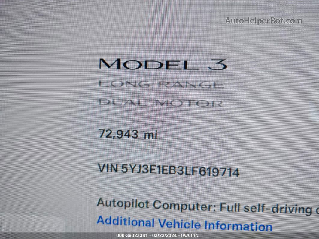 2020 Tesla Model 3 Long Range Dual Motor All-wheel Drive White vin: 5YJ3E1EB3LF619714