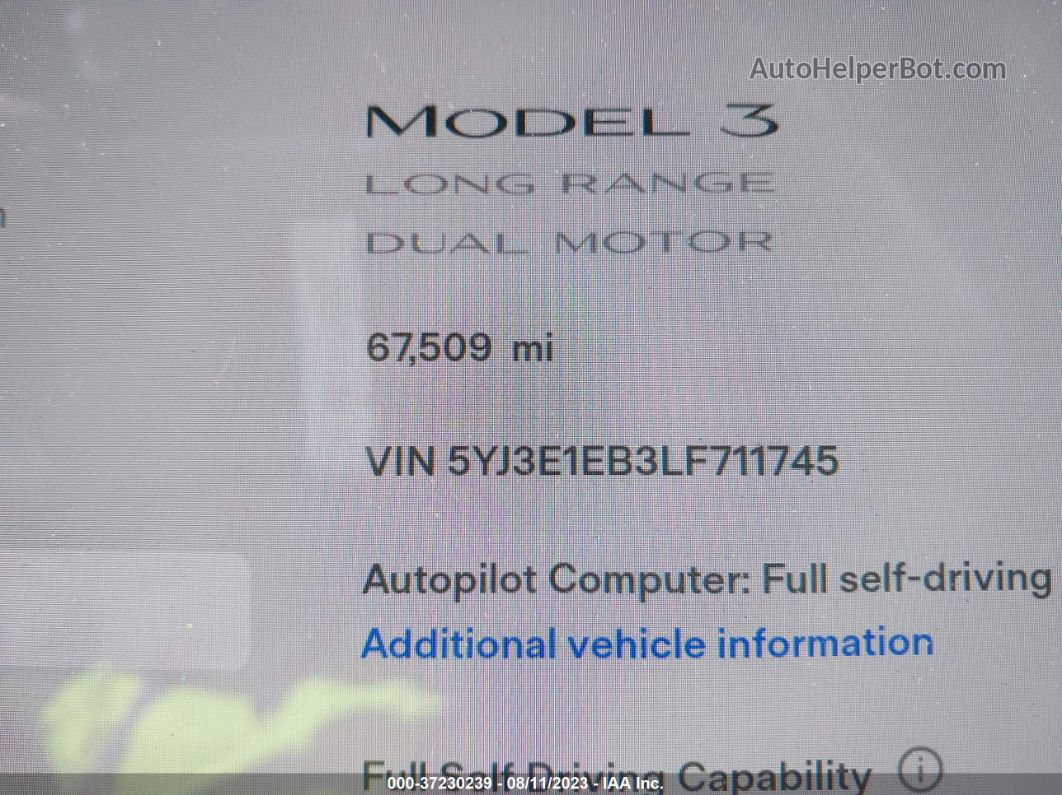 2020 Tesla Model 3 Long Range Черный vin: 5YJ3E1EB3LF711745