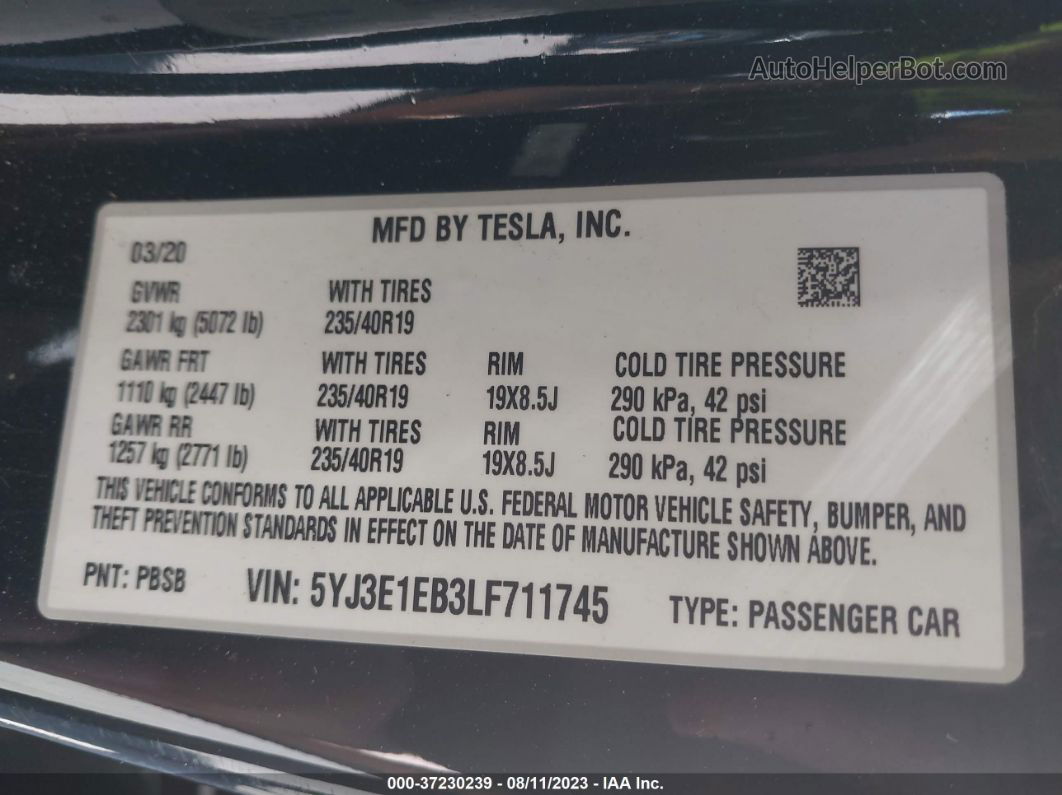 2020 Tesla Model 3 Long Range Black vin: 5YJ3E1EB3LF711745