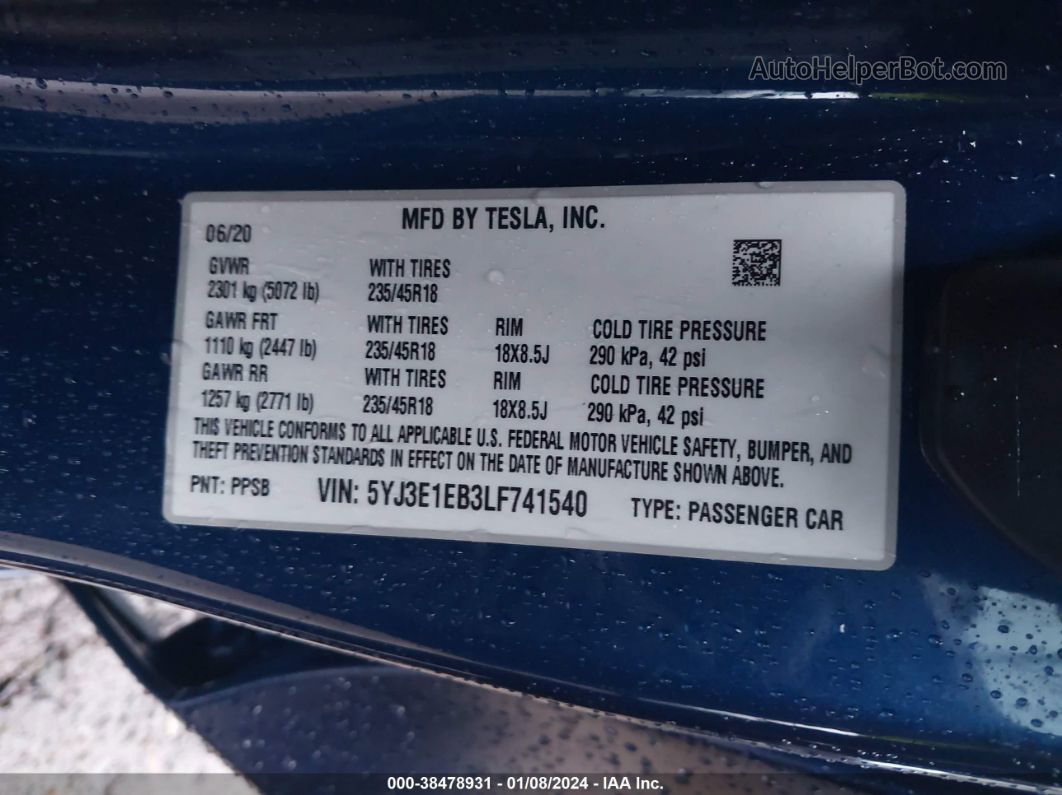 2020 Tesla Model 3 Long Range Dual Motor All-wheel Drive Blue vin: 5YJ3E1EB3LF741540