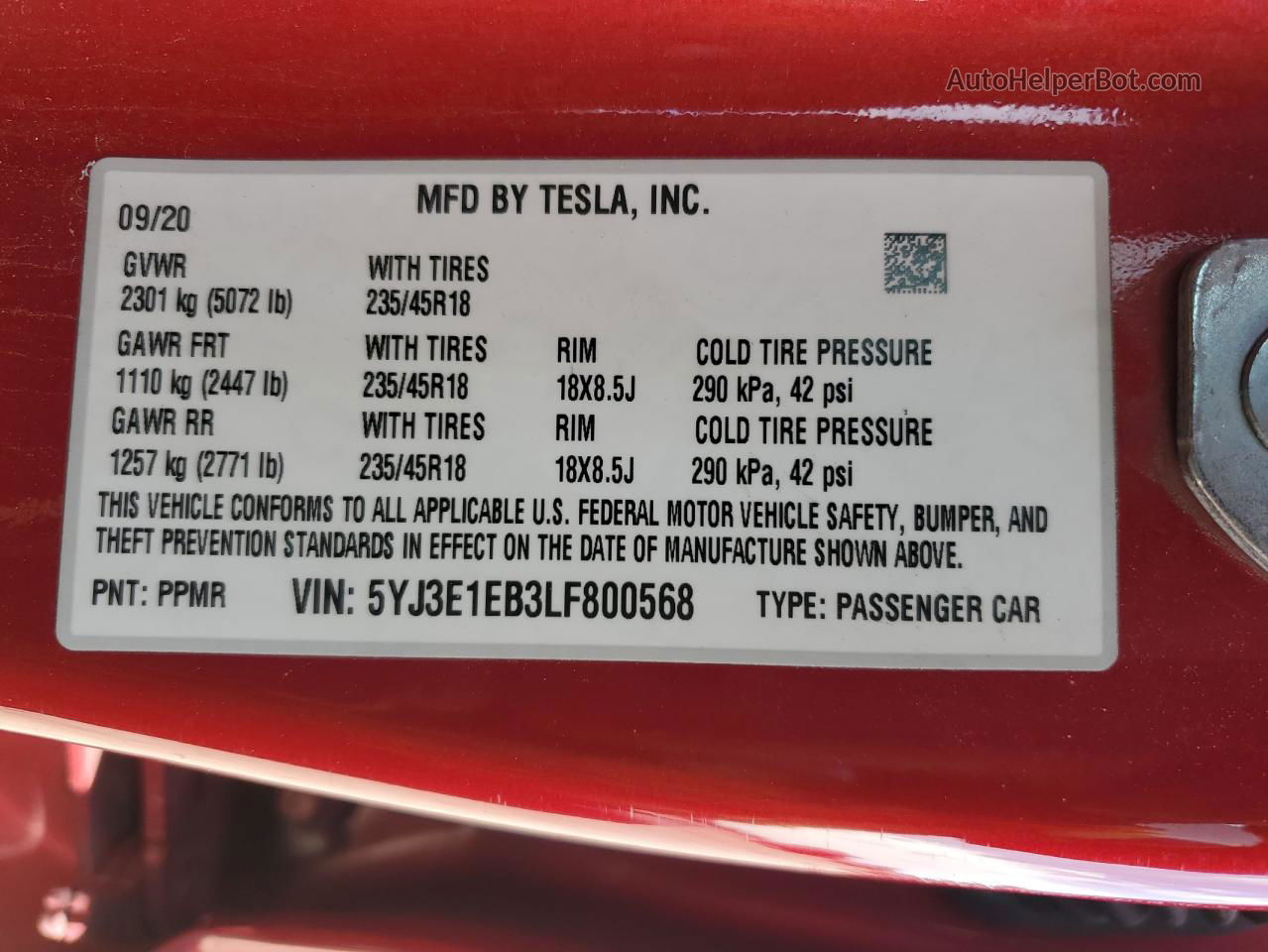 2020 Tesla Model 3  Красный vin: 5YJ3E1EB3LF800568