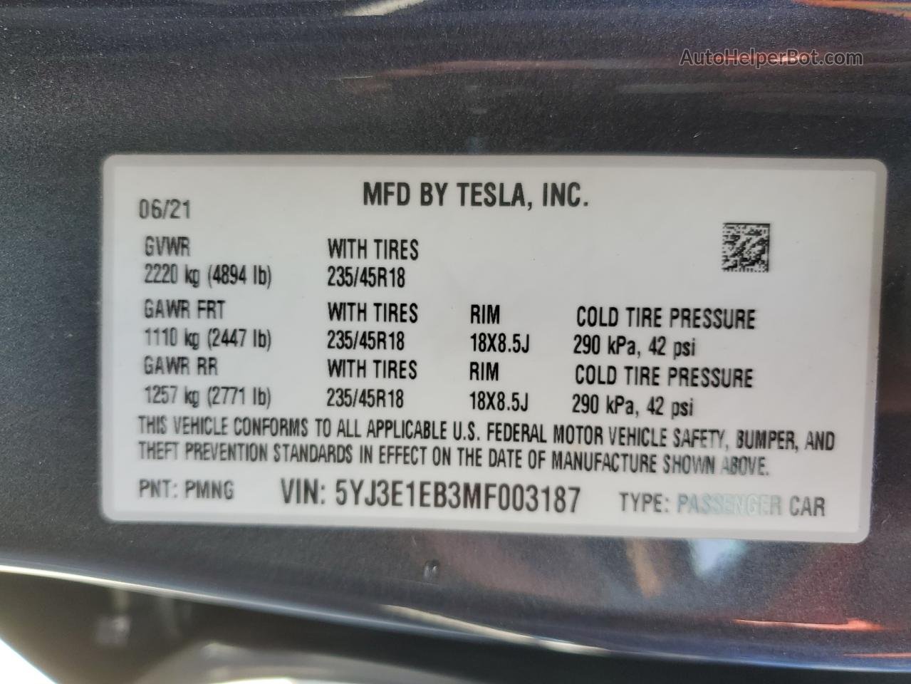 2021 Tesla Model 3  Gray vin: 5YJ3E1EB3MF003187