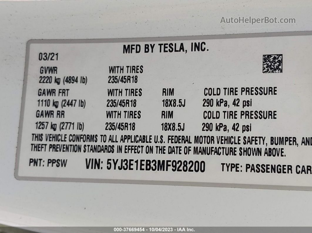 2021 Tesla Model 3 Long Range White vin: 5YJ3E1EB3MF928200