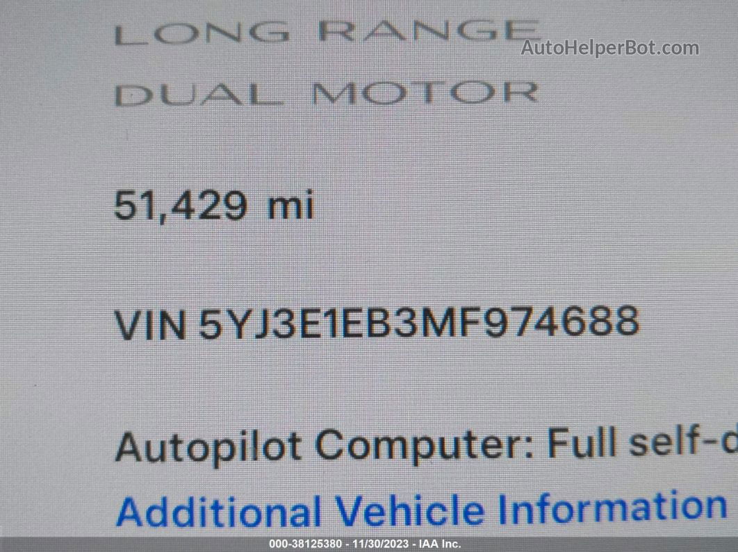 2021 Tesla Model 3 Long Range Dual Motor All-wheel Drive Blue vin: 5YJ3E1EB3MF974688