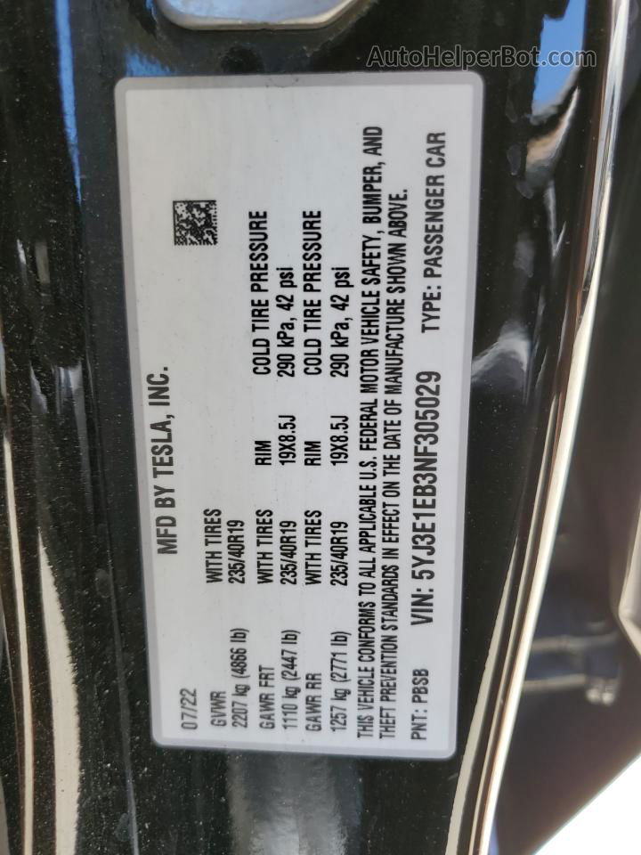 2022 Tesla Model 3  Black vin: 5YJ3E1EB3NF305029