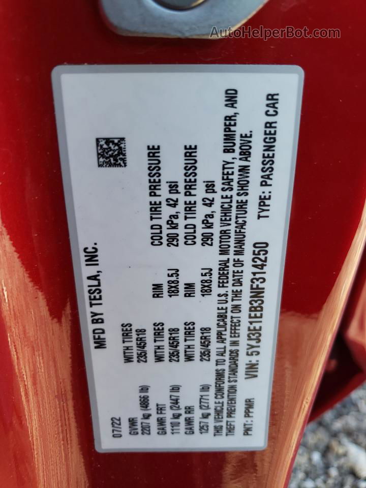 2022 Tesla Model 3  Red vin: 5YJ3E1EB3NF314250