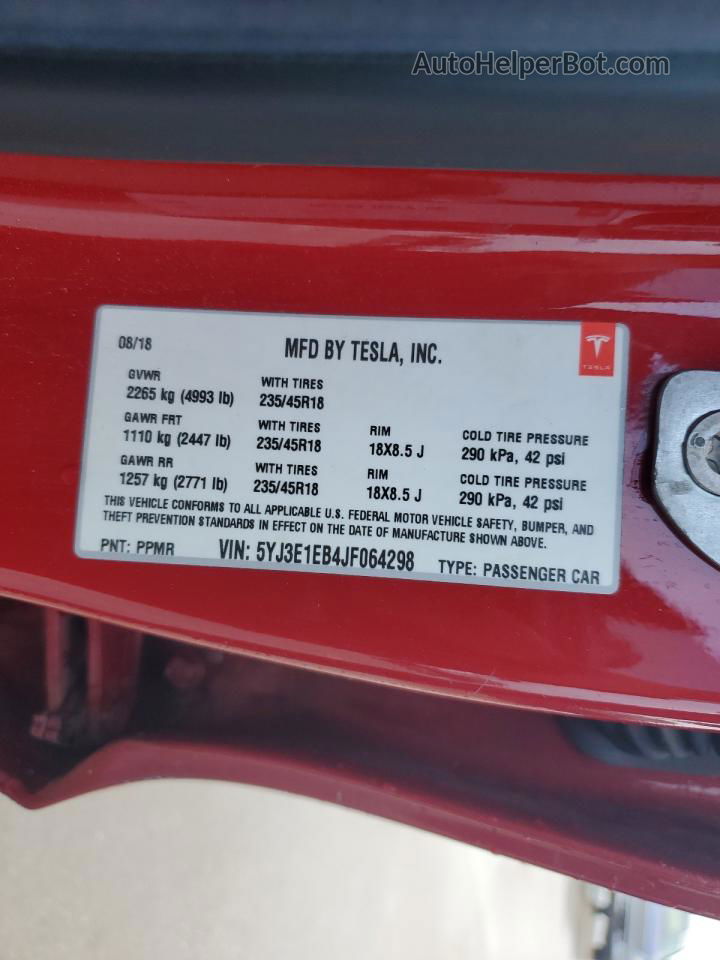 2018 Tesla Model 3  Красный vin: 5YJ3E1EB4JF064298